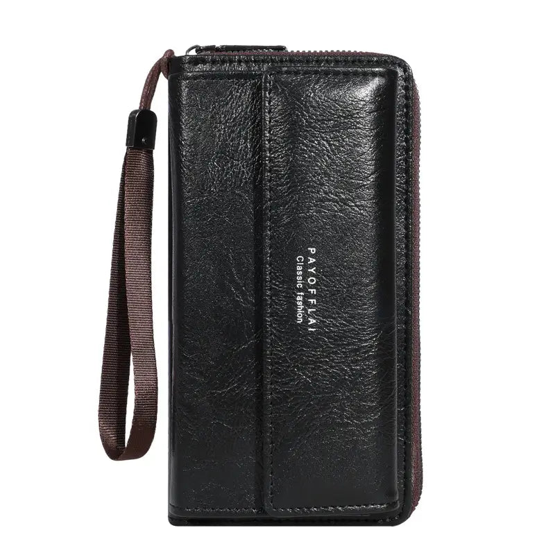 Men’s pu leather long wallet in black with a brown wrist strap and payoffai classic fashion embossed vertically on the front.