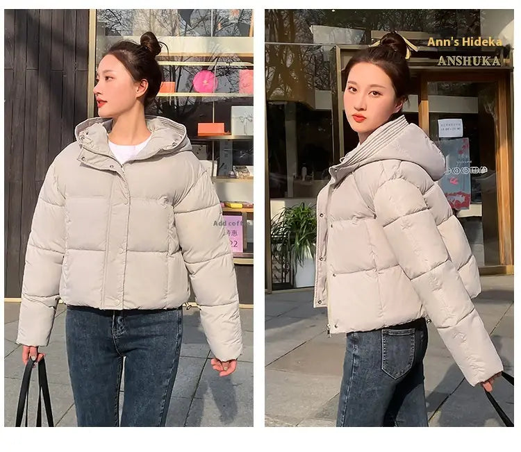 A cozy light beige women hooded short down jacket with quilted design and detachable hood.