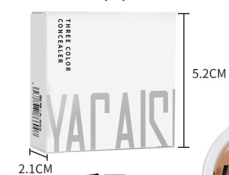 White rectangular box for yarai three-color concealer palette with pro 270 brush featuring minimalist gray text and geometric branding on the front side.