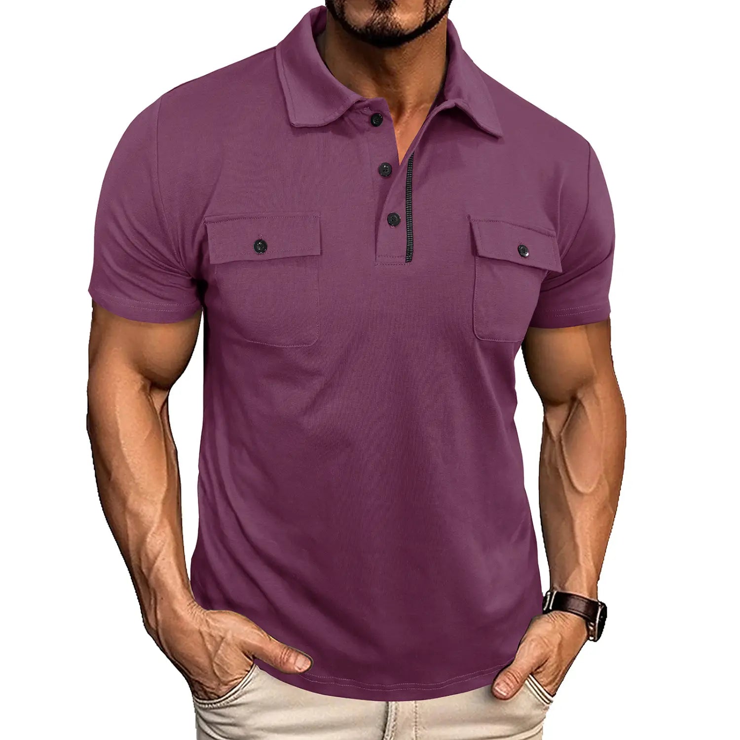 Men’s dual pocket short sleeve cotton blend polo shirt in purple with black buttons and two chest pockets.