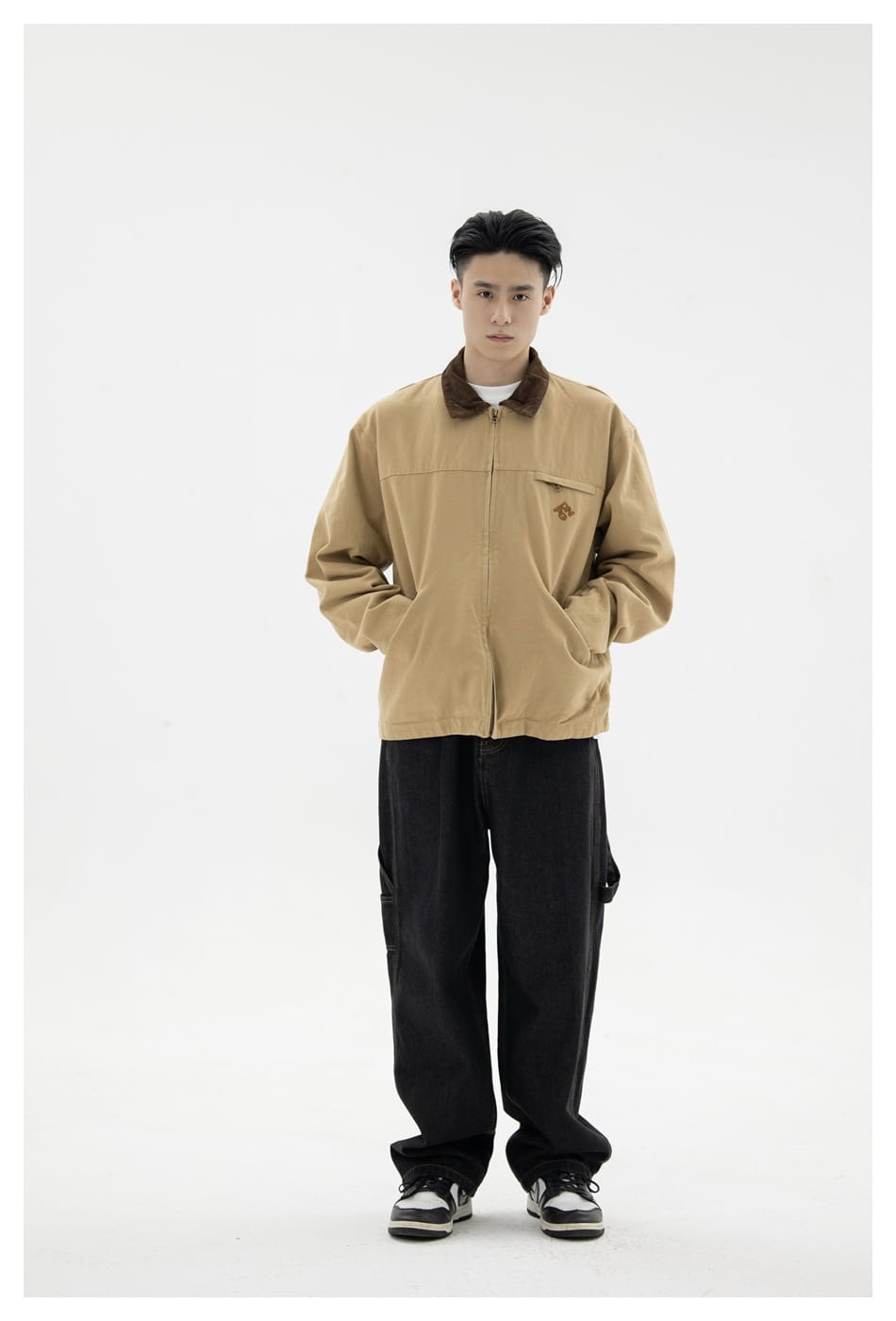 Tan corduroy retro washed Detroit jacket for men with a brown collar and subtle embroidered logo on the left chest.