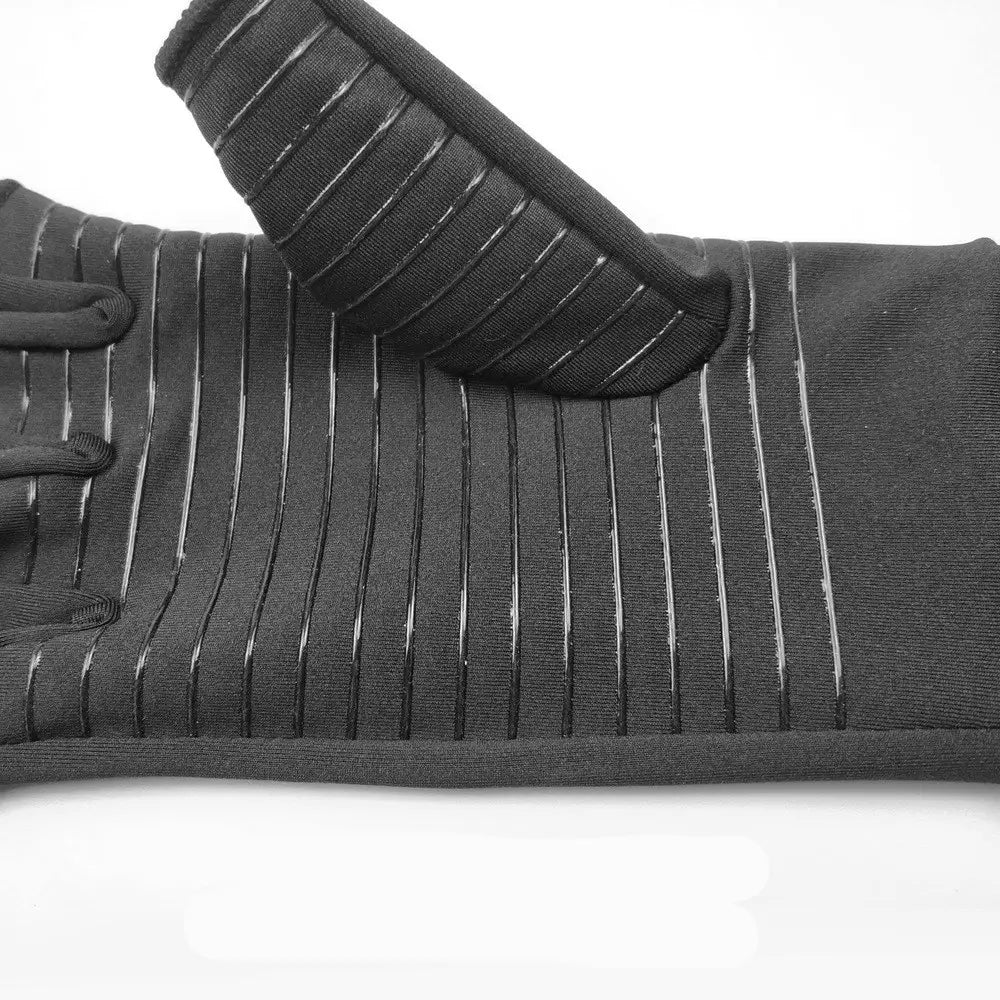 Black ribbed knit fingerless compression riding glove with wrist support featuring subtle reflective stripes along the wrist and palm.
