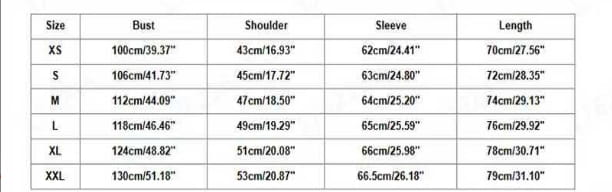 The image displays a size chart for a men’s slim fit linen blend mandarin collar shirt showing women’s clothing measurements in centimeters and inches for sizes XS through XXL.