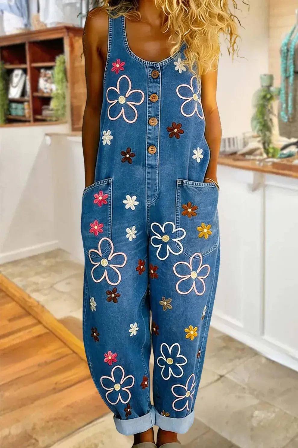 ブルーデニムのオーバーオールは、ピンク・白・イエロー・ブラウンのカラフルな刺繍の花をあしらえ、ワイドレッグのレトロデザインが特徴です。
