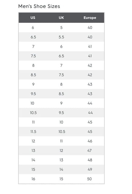Tableau de conversion des tailles des baskets en cuir pour hommes, sans lacets, décontractées à semelle épaisse, affichant les tailles US, UK et européennes, dans un format tabulaire clair.