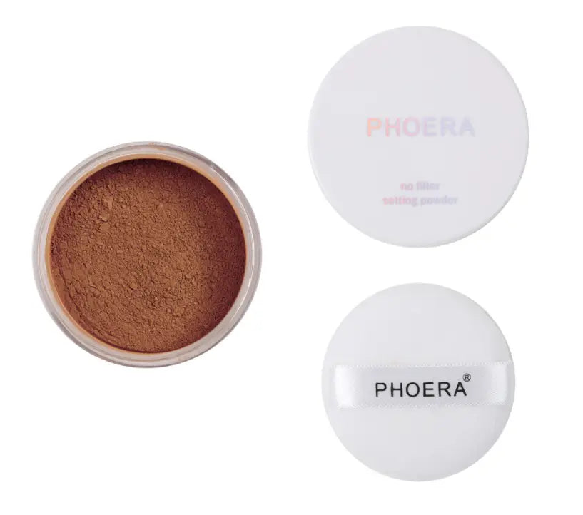 White circular container of phoera setting powder in brown oil control matte finish shade for face makeup.