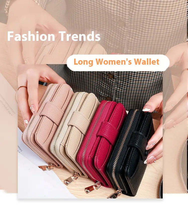 a collection of leather mini organ wallets with button closure in pink beige red and black featuring long women’s zippered designs