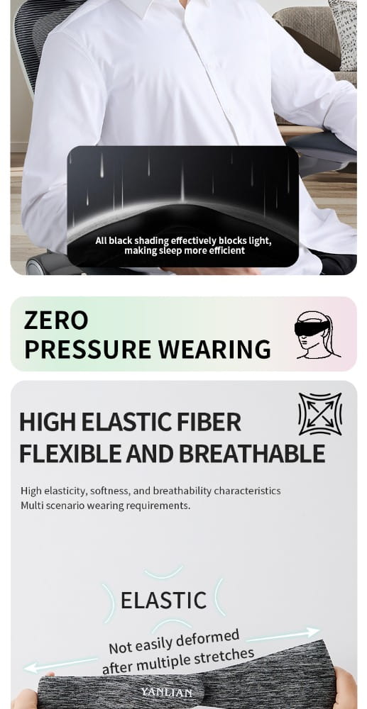 Schwarze 3D-Schlafmaske aus hochelastischem Faserstoff mit atmungsaktivem, konturiertem Design für das Tragen ohne Druck und eine wirksame Augenschattierung.