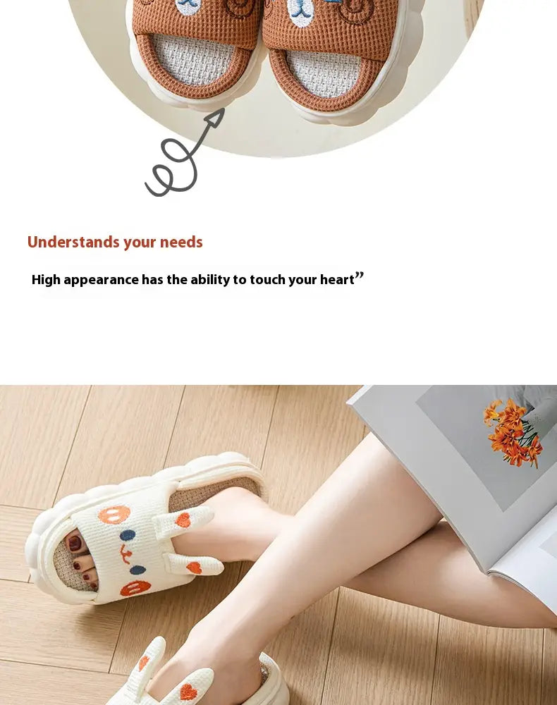 Cute beige and white knitted slide sandals featuring embroidered cat faces on top from the cartoon animal embroidered open toe linen slippers collection.