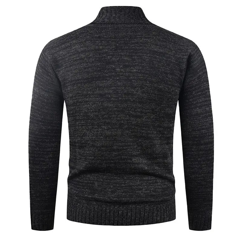 Men’s dark gray double-breasted knit cardigan featuring a textured knit fabric with a ribbed turtleneck and cuffs.