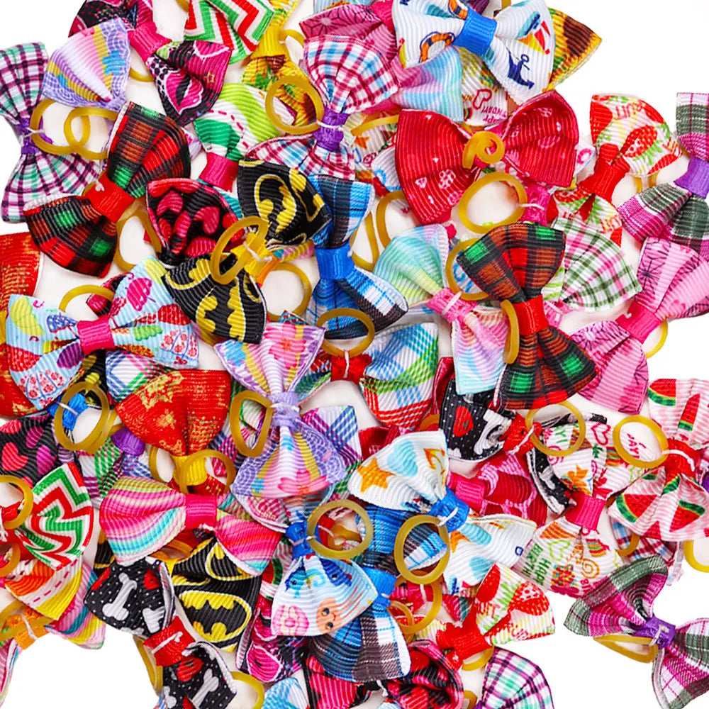 A vibrant collection of colorful patterned plaid pet bows made of fabric with yellow plastic rings as dog hair accessories.