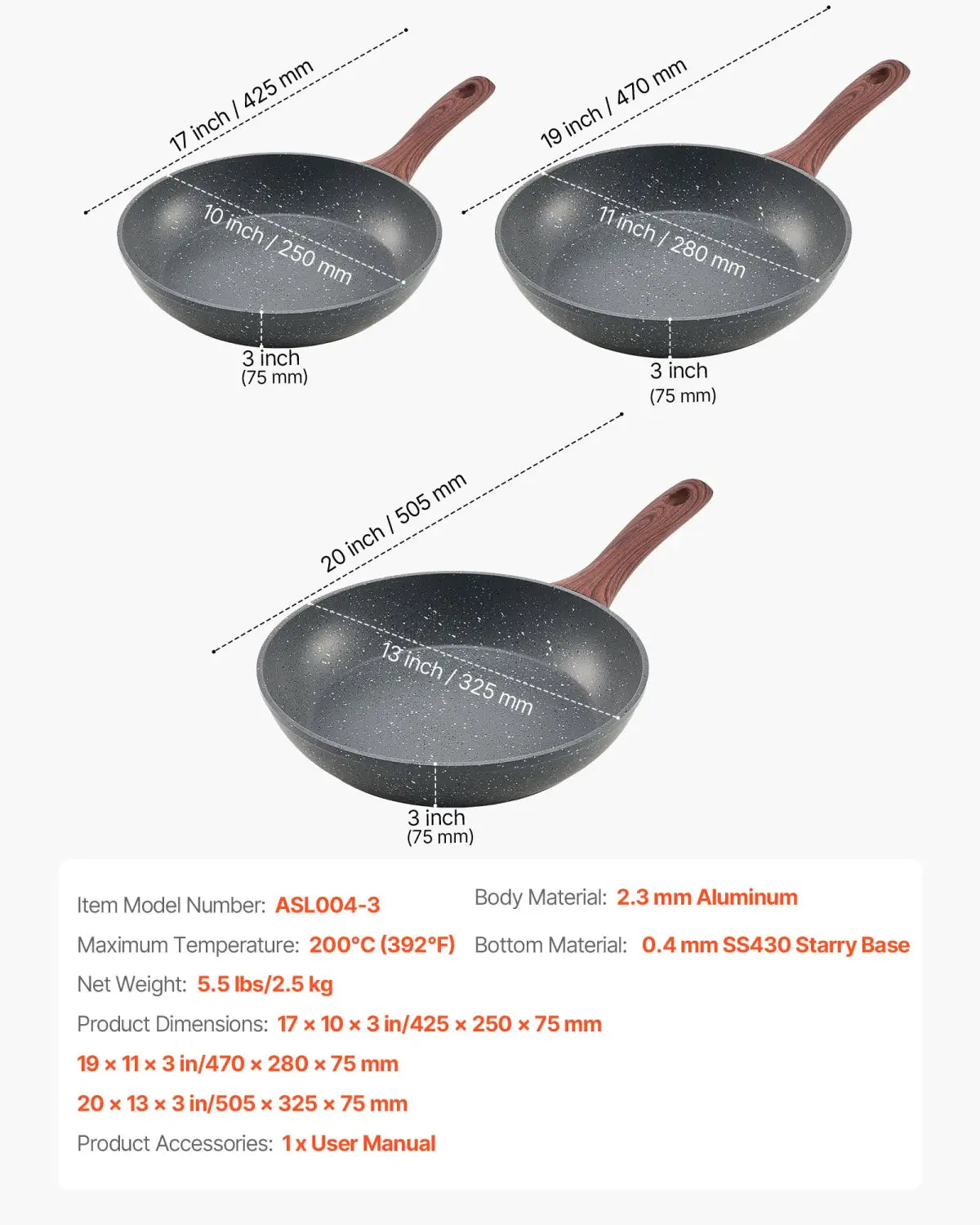 Set of three black speckled nonstick aluminum frying pans with wooden handles in 17 inch 19 inch and 20 inch sizes.