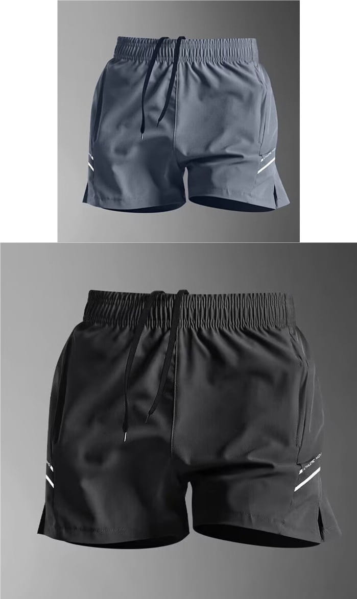 dark gray ice silk quick-drying straight-leg athletic pants featuring reflective white stripes on the sides and a black drawstring waistband.