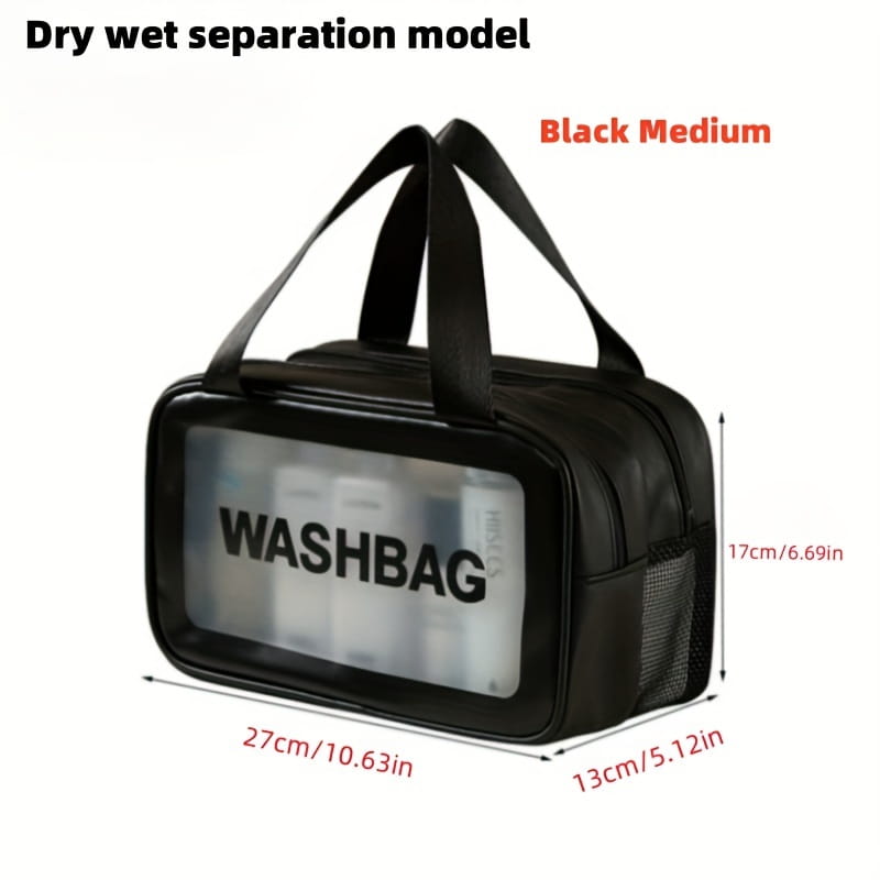 Schwarze Reisekosmetiktasche mit Design zur Trennung von trocken und nass, mit transparentem Frontpanel und seitlicher Mesh-Tasche zur geordneten Aufbewahrung der Wäsche- und Waschartikel.