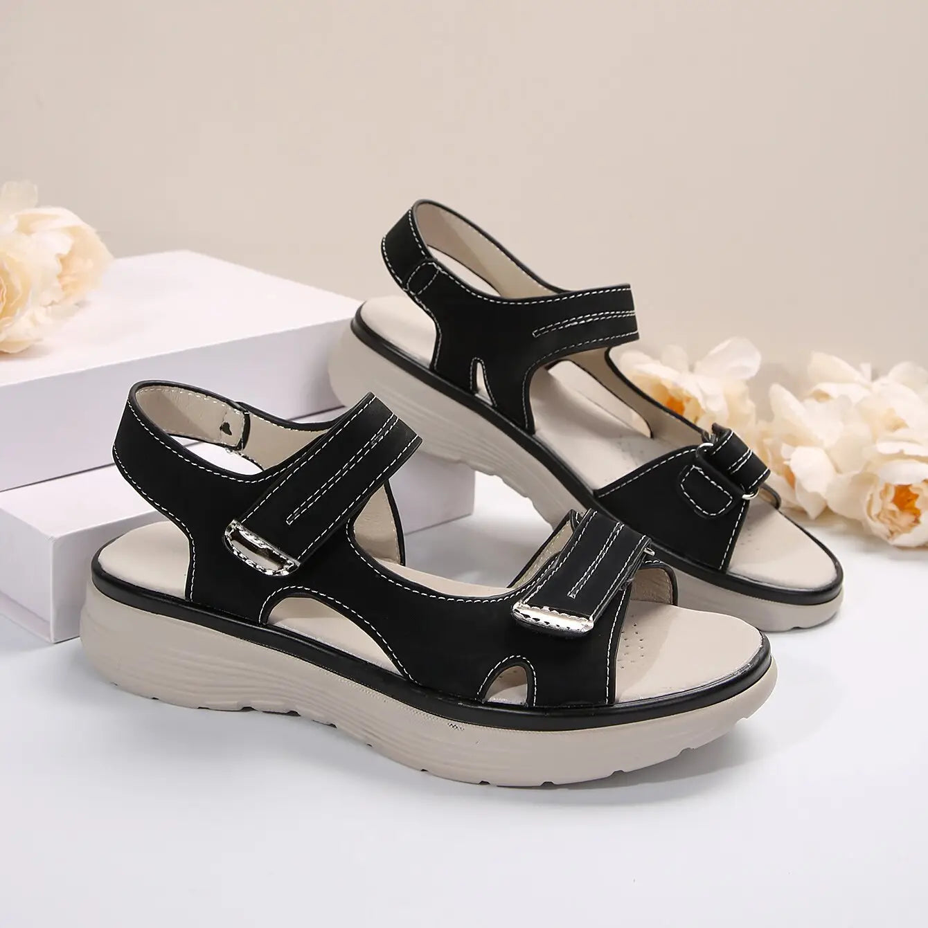 black lightweight fish mouth platform sport sandals for women with two velcro straps white stitching and chunky sole