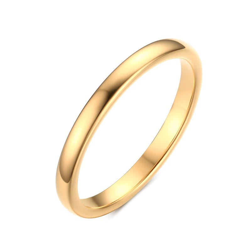 A sleek polished gold tungsten steel couple wedding band with a smooth minimalist design.