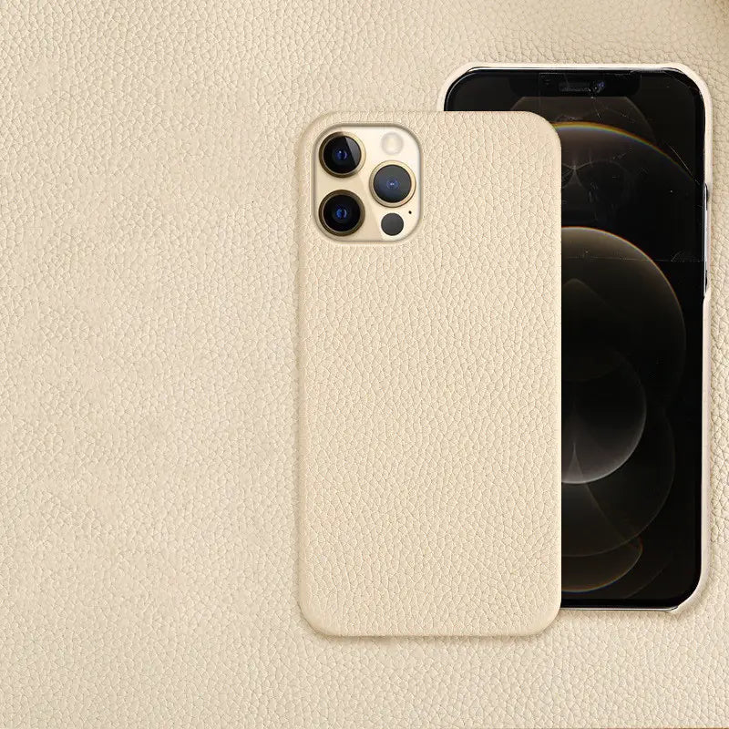 Cream-colored textured genuine leather anti drop phone case for iphone 12 pro shown from the back side.