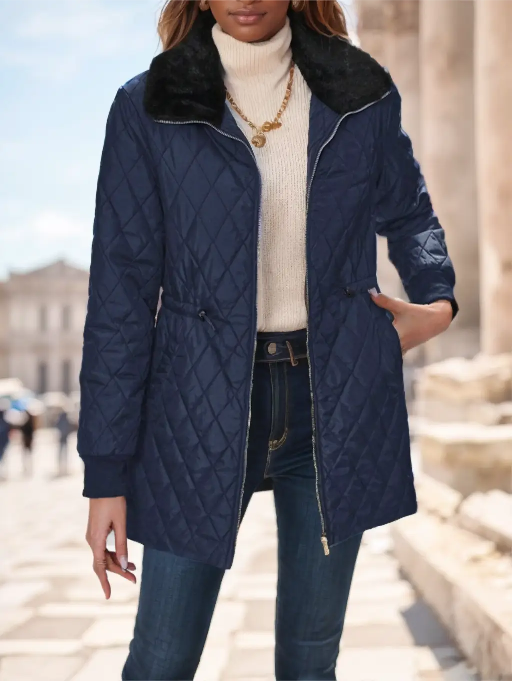 Navy blue quilted padded winter coat with black faux fur collar for cold weather protection.