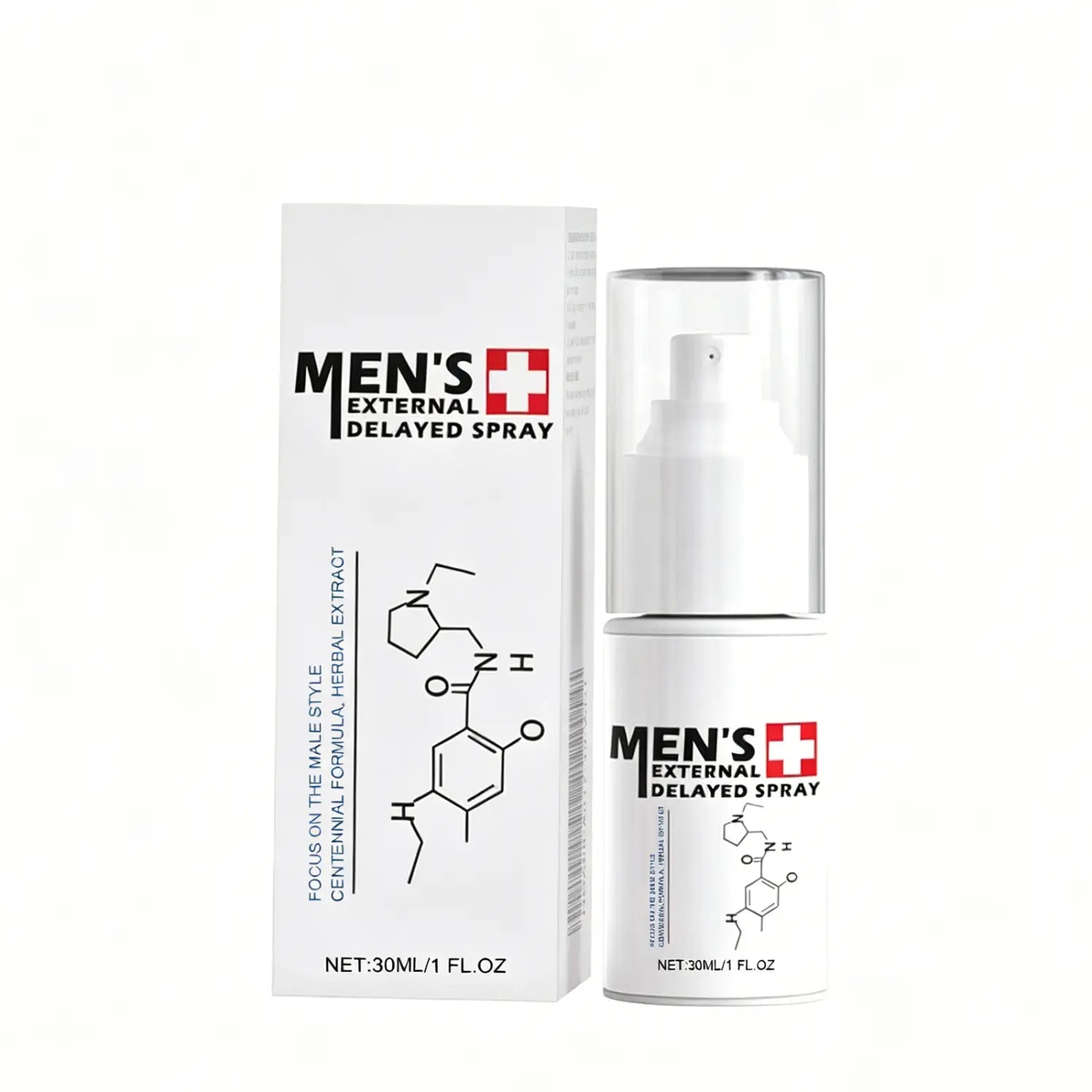 Weibefarbene zylindrische Flasche für den Verzögerungsspray für Männer mit klarem Deckel und schwarzer Beschriftung sowie passender weißer Umverpackung für Ausdauer und Sensibilität, 30 ml.