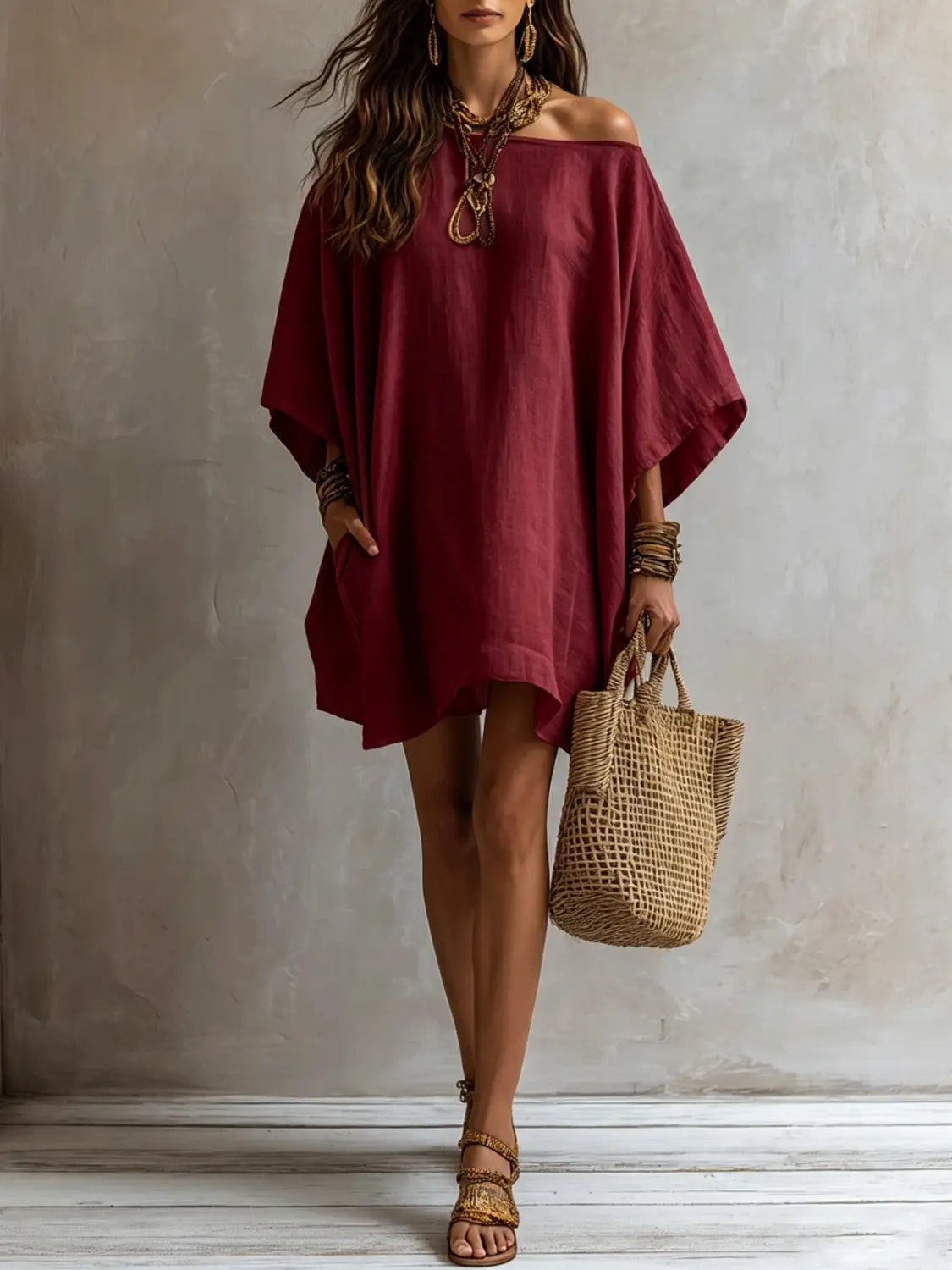 Robe en lin à épaules dénudées et manches kimono bordeaux, à la coupe fluide et avec des manches amples et larges pour une tenue décontractée.