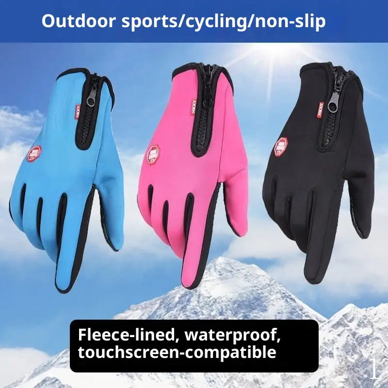 Bright blue pink and black fleece-lined womens winter cycling touchscreen gloves with zipper closures shown from the back side.