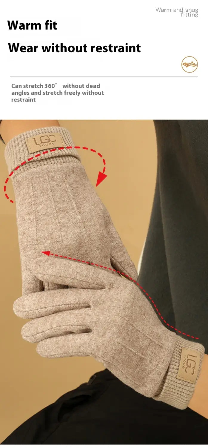 Beige gestrickte Woll-Kaschmir-Touchscreen-Winterhandschuhe für Damen mit geripptem Bündchen und Marken-Logopatch, von der Rückseite dargestellt.