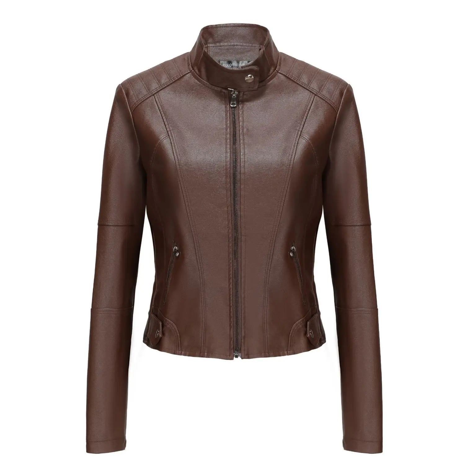 Veste motard en faux cuir marron avec col montant et fermeture éclair frontale, montrée sur la face avant.