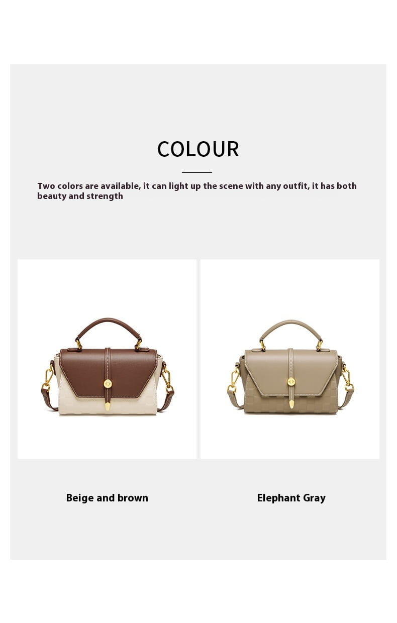 Beige- und braune zweifarbige Webleder-Crossbody-Handtasche mit goldtönigen Beschlägen.