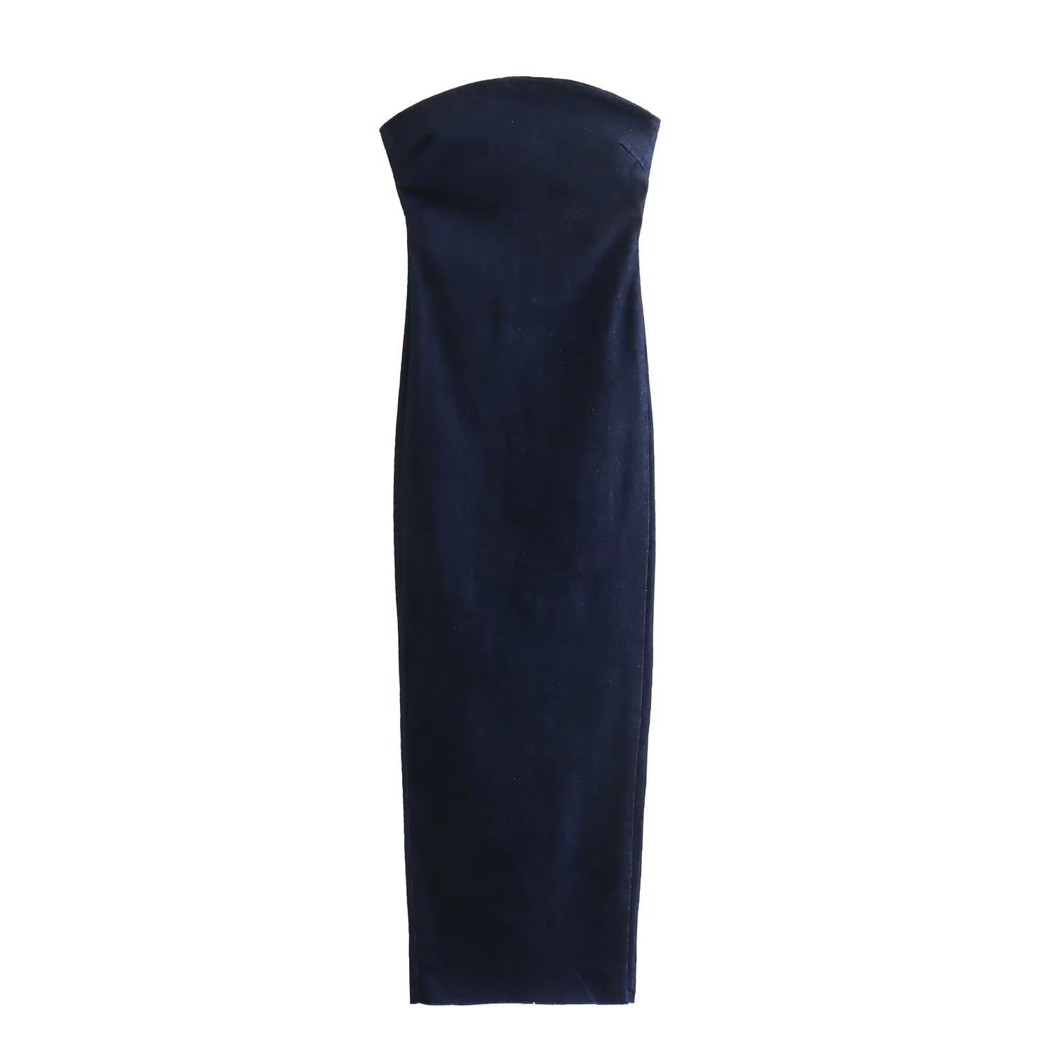 A sleek strapless navy blue velvet dress with a smooth form-fitting silhouette and zip front detailing.