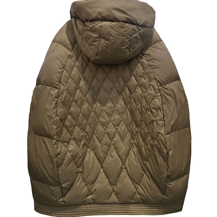 Beige white duck down puffer jacket with a hood and diamond-pattern quilted stitching designed as a loose winter coat.