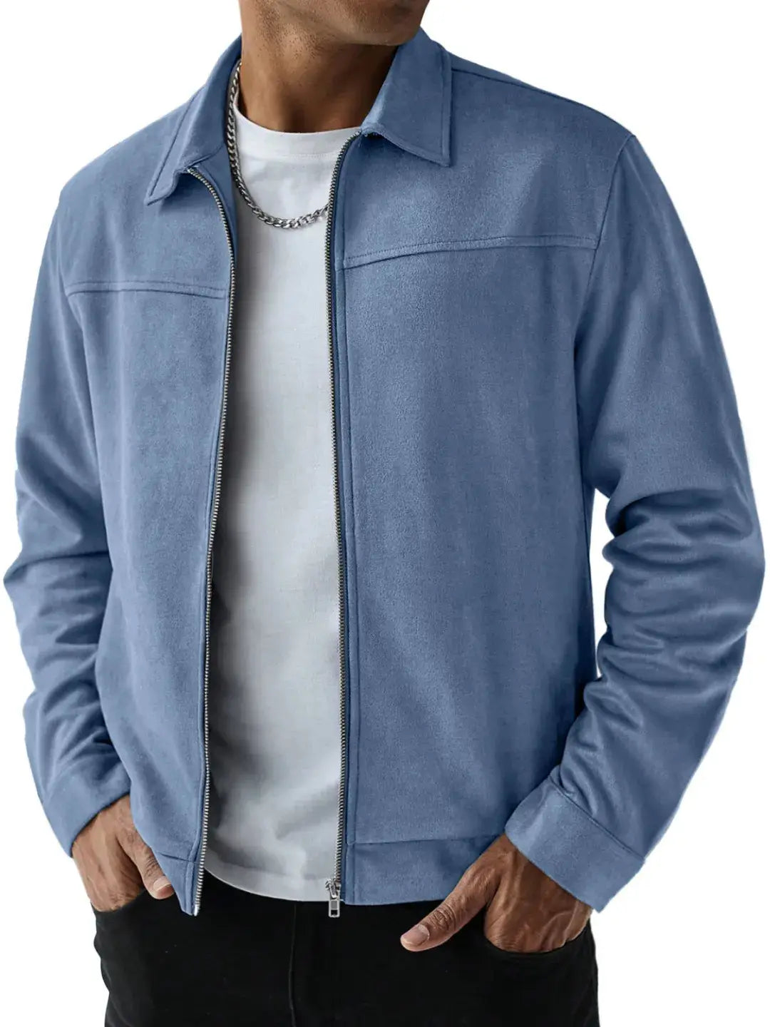 Men suede bomber jacket in blue featuring a zipper front and collar made of soft suede material.