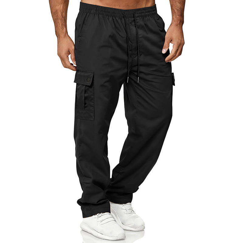 Mens straight leg cargo work pants in black with elastic waistband, drawstring, multiple pockets, and a relaxed fit.