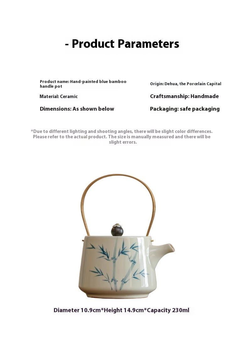 Hand-painted blue bamboo motif ceramic teapot with gold-toned metal loop handle and dark knob featured in the blue bamboo ceramic teapot set with two cups.
