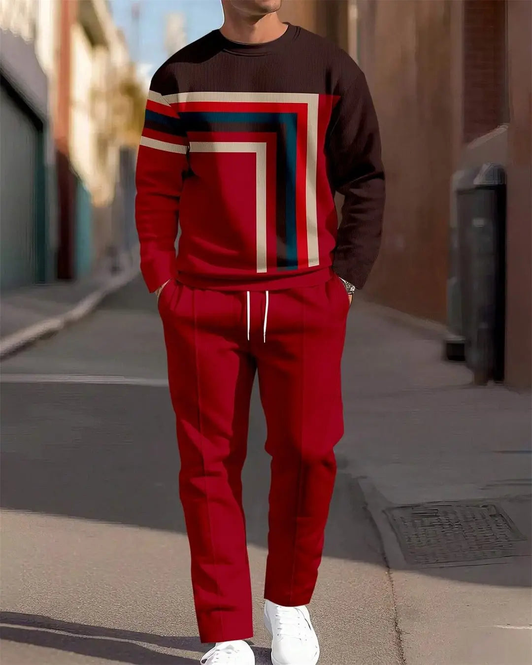Ensemble sweat à carreaux et pantalon pour hommes, comprenant un sweat-shirt géométrique rouge et noir avec des cordons de serrage blancs, conçu pour un usage décontracté