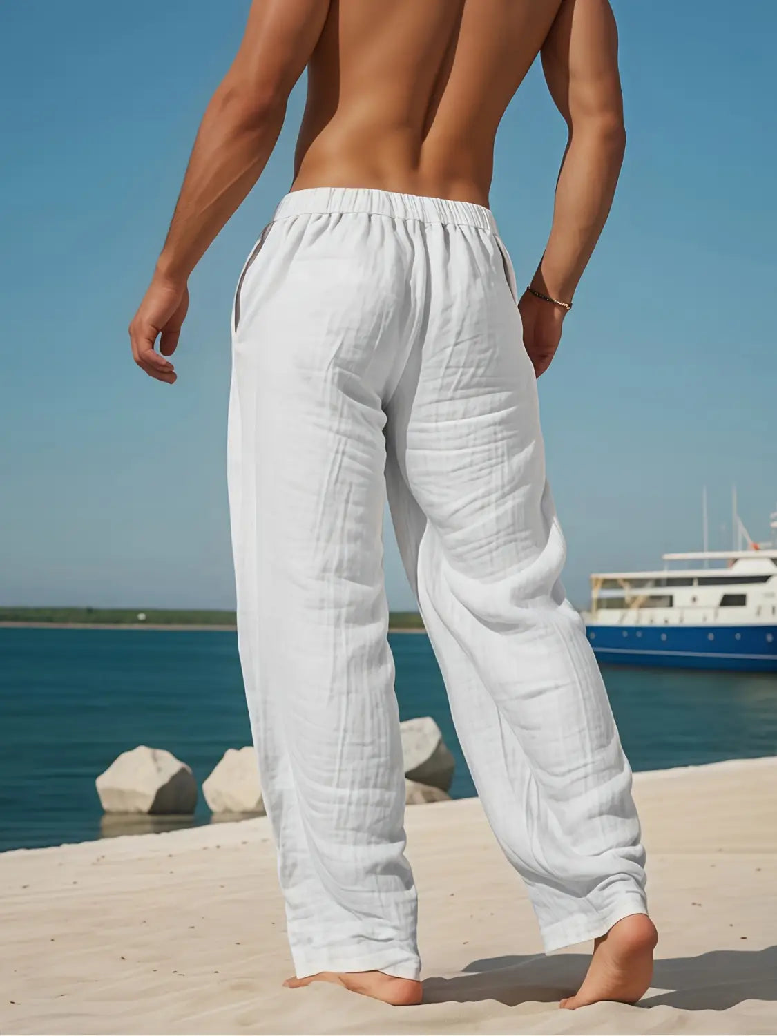 Pantalon en lin blanc pour hommes présentant une coupe ample et détendue ainsi qu'une ceinture élastique conçue pour un usage décontracté