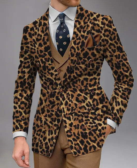 Men double breasted slim suit jacket featuring a leopard print pattern with brown and black spots, worn over a matching vest and white shirt.