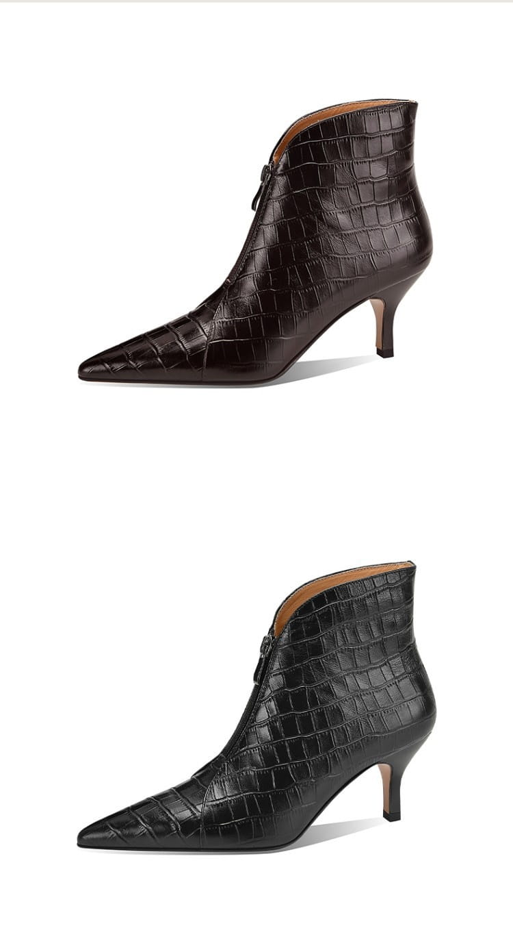Dark brown and black croc embossed leather stiletto ankle boots with a pointed toe and slim heel.