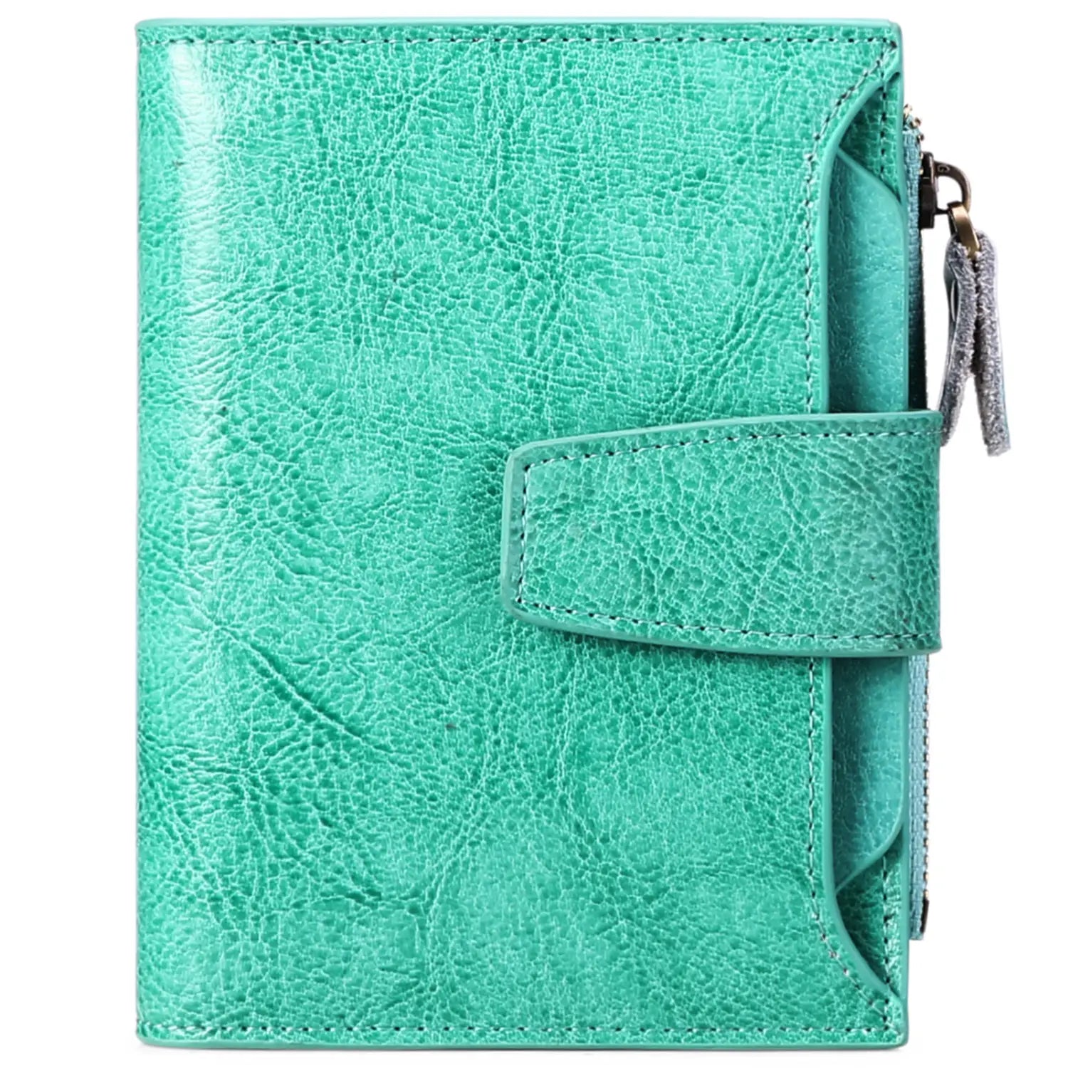 A teal textured leather RFID wallet with flap closure and zipper on the side featuring anti theft protection.