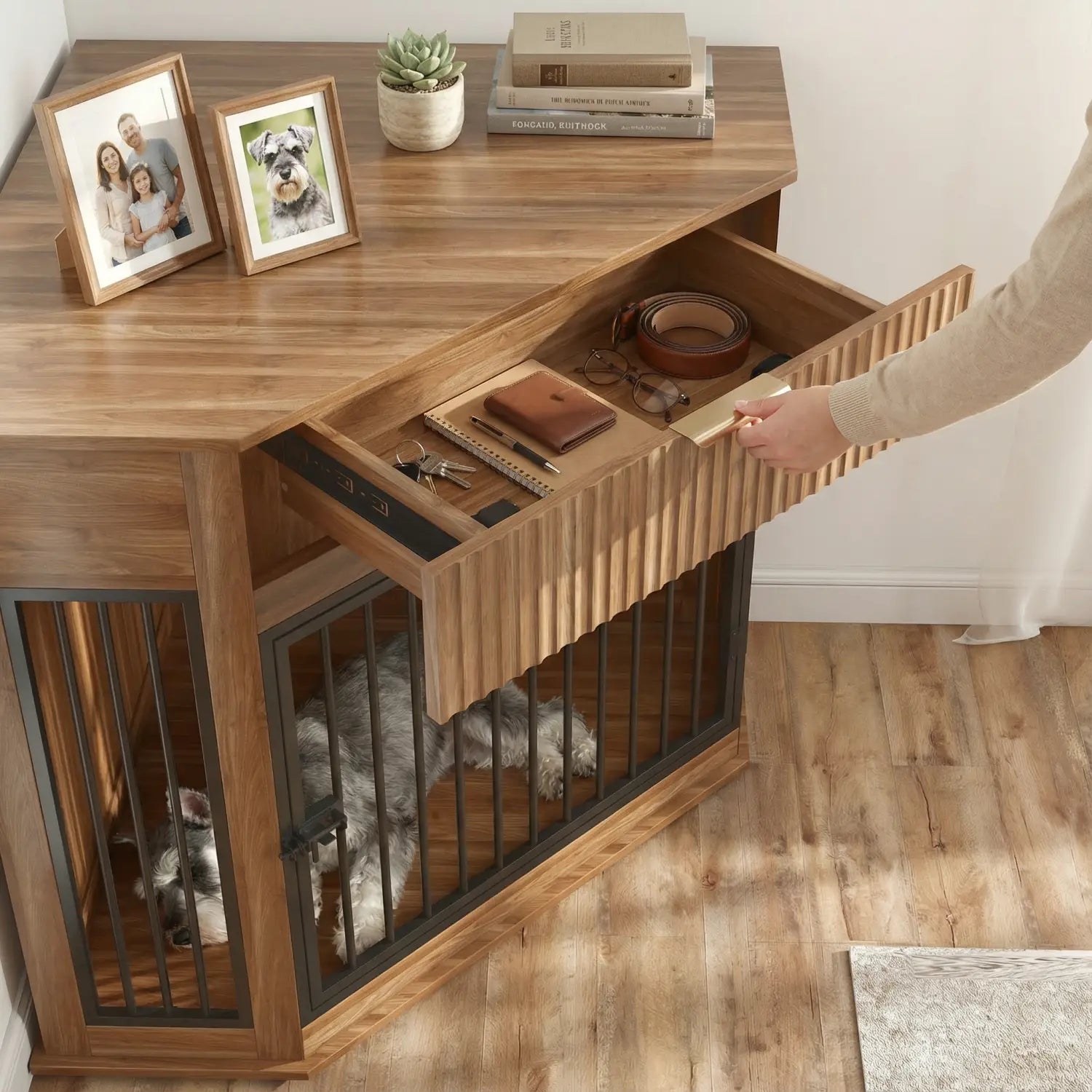 wooden corner dog crate furniture with integrated pet crate and fluted pull-out storage drawer on a desk surface