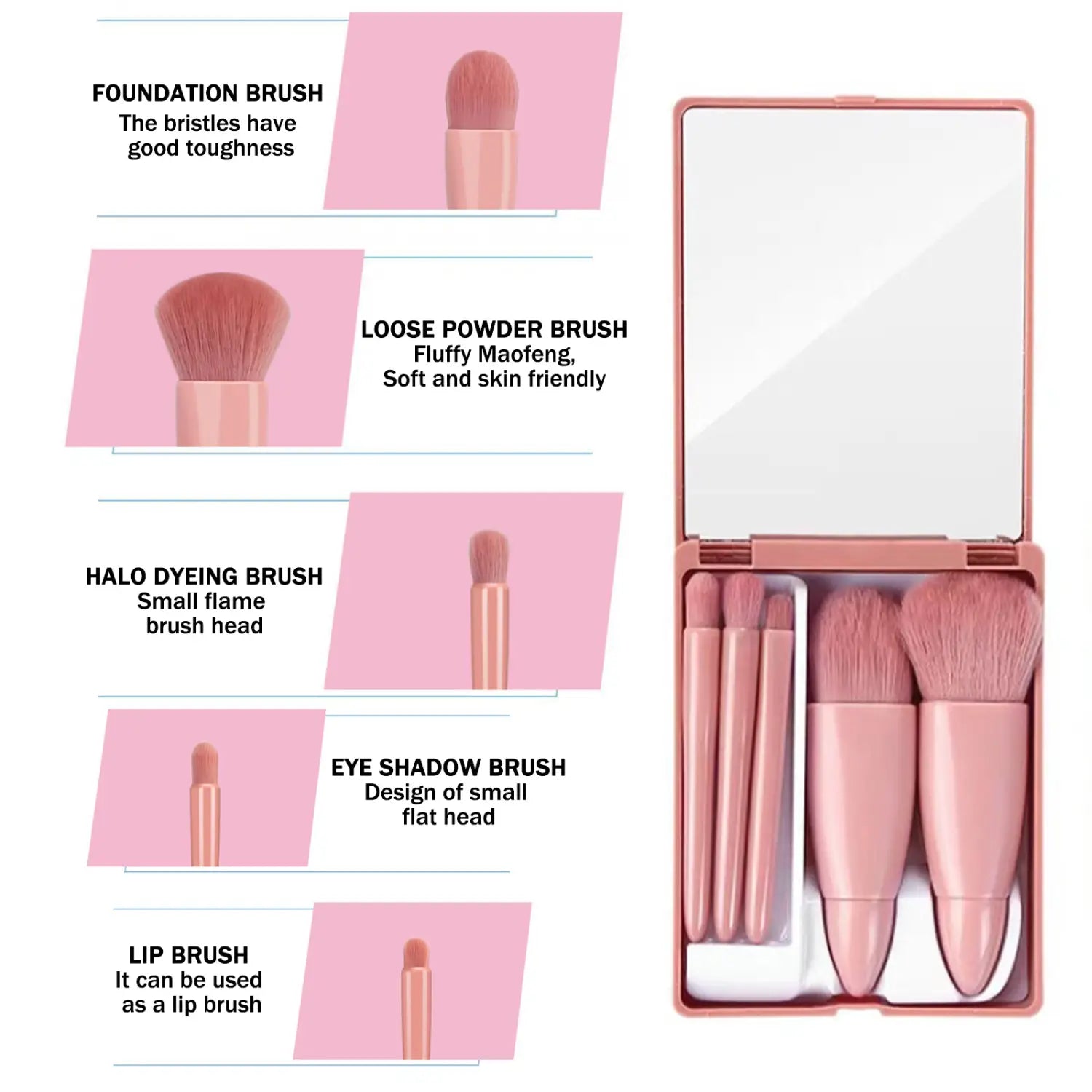Pink compact makeup brush set with six varying size brushes and a mirrored case for portable use in a five piece kit