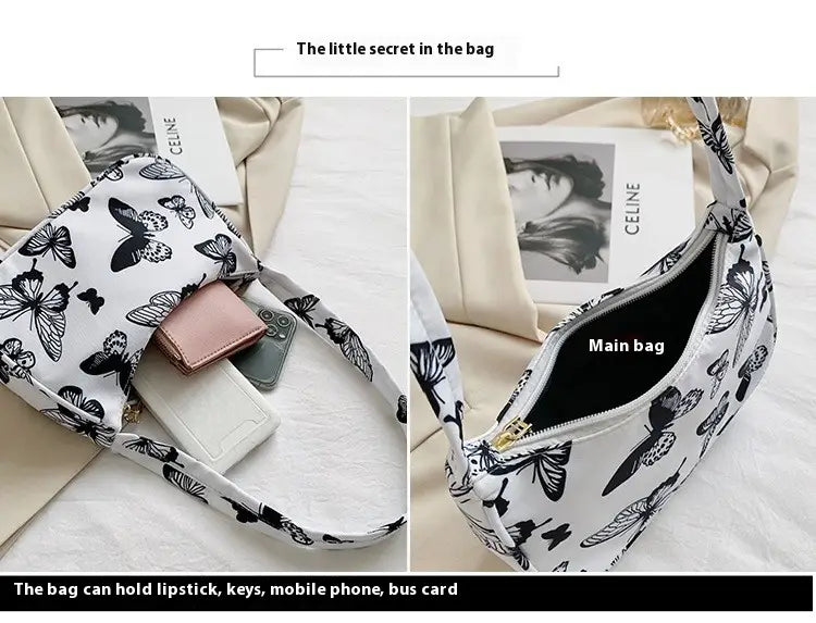 Sac bandoulière blanc en nylon à imprimé papillon noir, fermeture éclair dorée et design à imprimé léopard et à carreaux, utilisation pour sac sous-bras