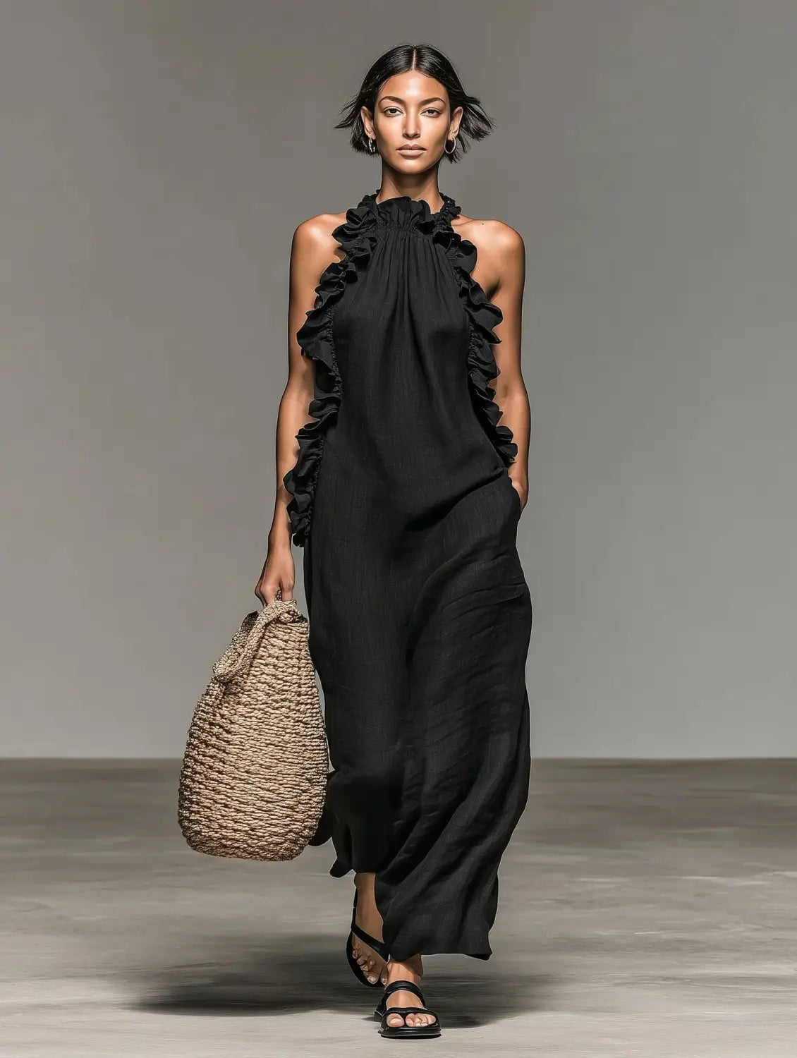 Robe de villégiature longue maxi noire à encolure licou à volants et dos nu, avec un tissu fluide présenté du côté arrière.
