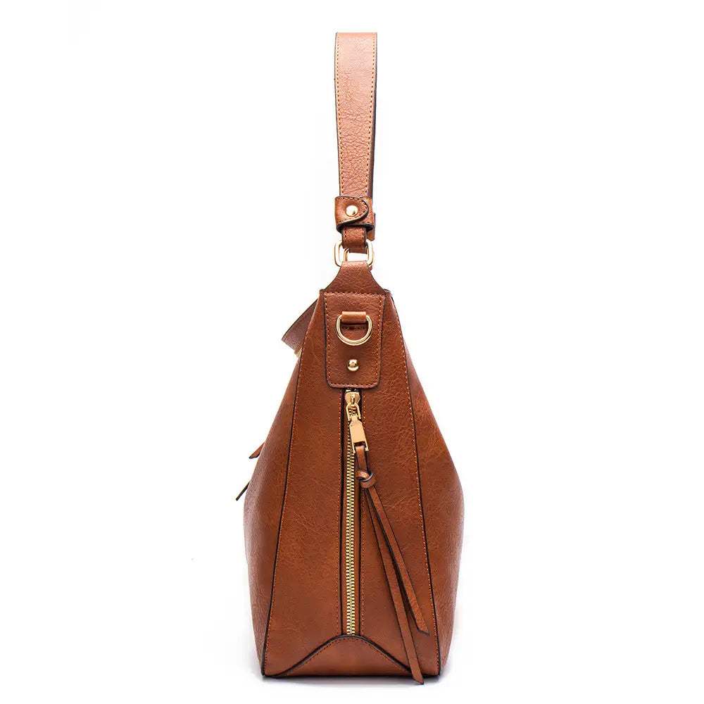 Premium brown leather hobo crossbody bag featuring tan leather, gold-tone zipper, and hardware.