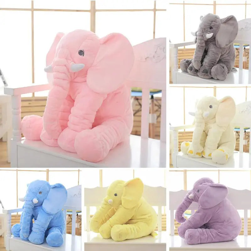Jouets d’éléphants en peluche douce, animaux en peluche pourvus de coussins pour enfants, dans des tons pastel rose, bleu, jaune, violet et gris, conçus comme des coussins d’animaux en peluche souples pour les enfants.