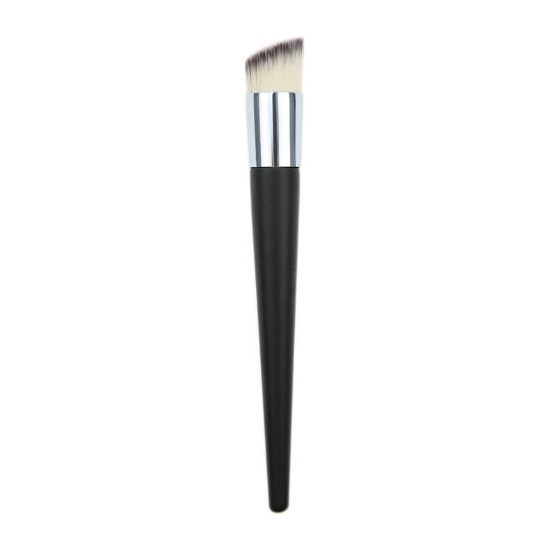 Black angled foundation brush with silver ferrule and soft tapered bristles featuring a wooden handle for precise makeup application.