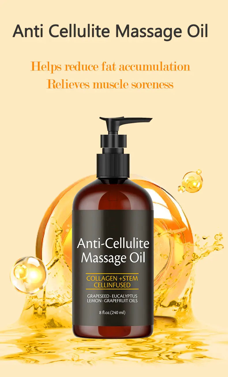 Dunkle Ambra-Glasflasche mit schwarzem Pumpspender, beschriftet mit Anti-Cellulite-Massageöl mit Kollagen, das Traubenkern-, Eukalyptus-, Zitrone- und Grapefruitöle enthält, in einem Behälter mit 240 ml.