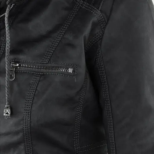 Black nylon faux leather moto jacket with detachable hood featuring reinforced stitching and a front zipper pocket.