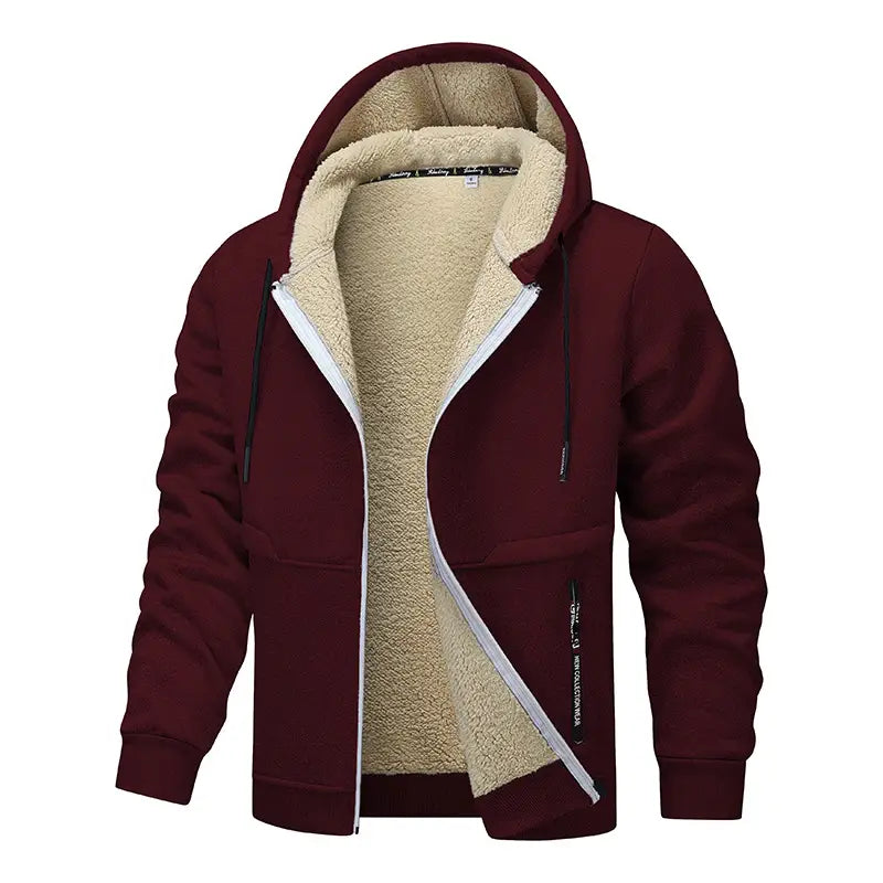 Herren-Schwergewicht-Sherpa-Fleecepullover mit Reißverschluss, innen mit Sherpa gefüttert, in weinrot mit plüschigem beigem Sherpa-Futter und weißem Reißverschlussbesatz.