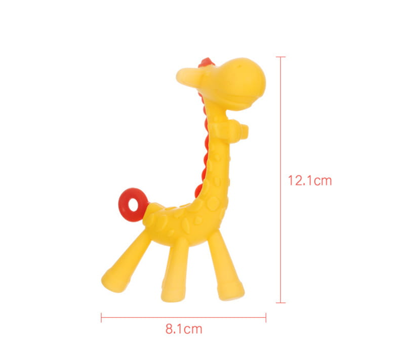 Yellow silicone giraffe teether with red accents on the neck and tail designed as a banana teether silicone baby toothbrush toy.