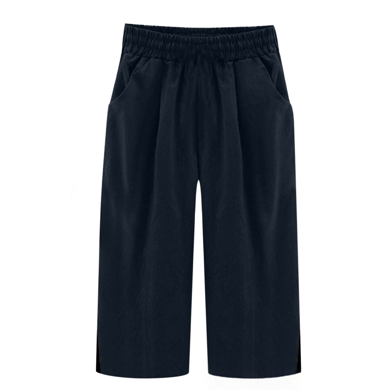 Pantalons capri amples en coton noir à jambes larges pour femmes avec une taille élastique et des poches latérales.